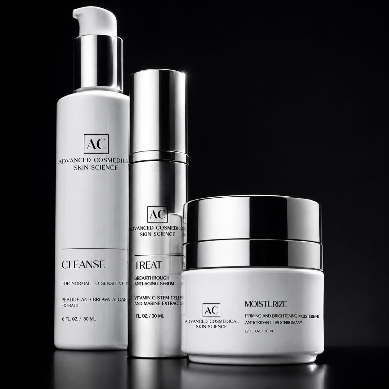 The AC Skin Science three-step program: Cleanse, Treat and Moisturize